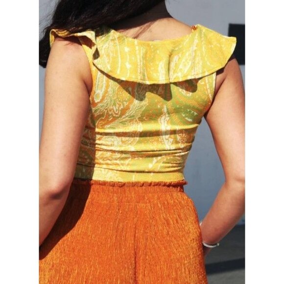 Zara Women's Sleeveless Paisley Ruffle Neck Top Yellow/Green Size M - Picture 2 of 4